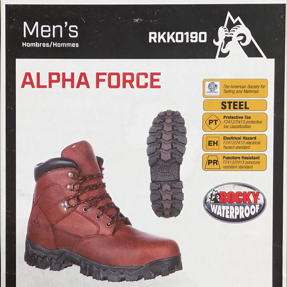 NIB Rocky Alpha Force Men's Brown Leather Steel Toe Waterproof Work Boots sz11.5